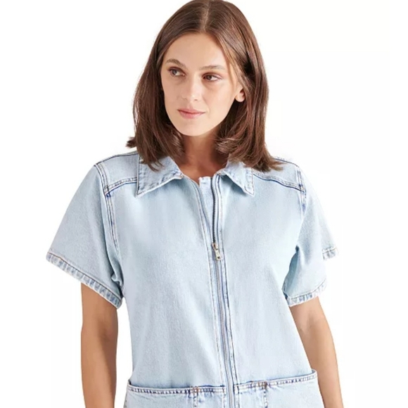 Steve Madden Jumpsuit L Light Blue Denim Eira Jean Relaxed Fit Front Zip New$130 - Picture 9 of 16